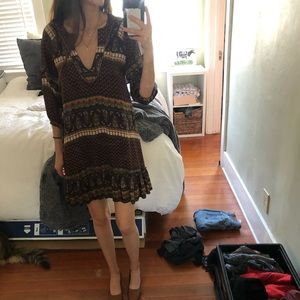 Barely worn brown, red, yellow, green dress XS